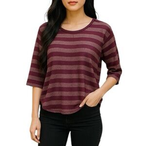 American Eagle Maroon Striped Metallic Shirt Size Small 3/4 Sleeve Burgundy Tee